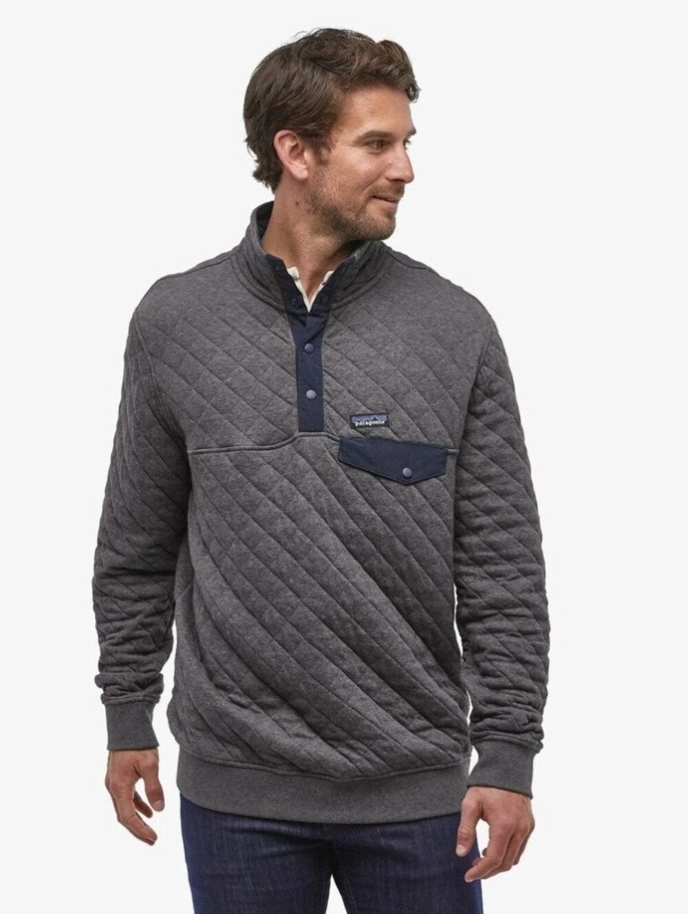 Patagonia Organic Cotton Quilt Snap-T Pullover Grey Navy Size Medium